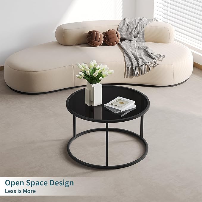 SAYGOER Black Glass Coffee Table Small Round Coffee Tables 27.6In Modern Tempered Glass-Top Accent Center Table for Living Room Home Office Small Space Easy Assembly