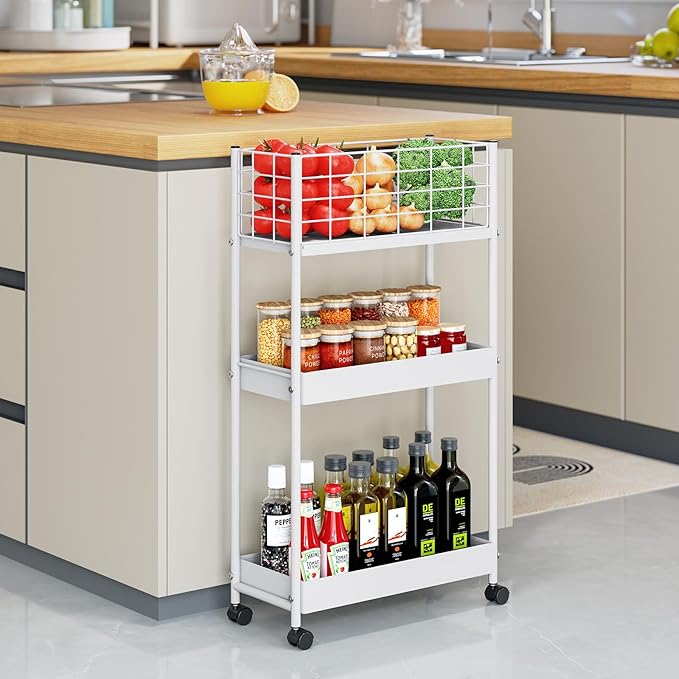 KINGRACK 3-Tier Rolling Utility Cart with Wheels, Metal Slim Storage Cart, Multifunctional Storage Organizer, Rolling Storage Cart for Kitchen, Office, Bathroom, Narrow Place, White