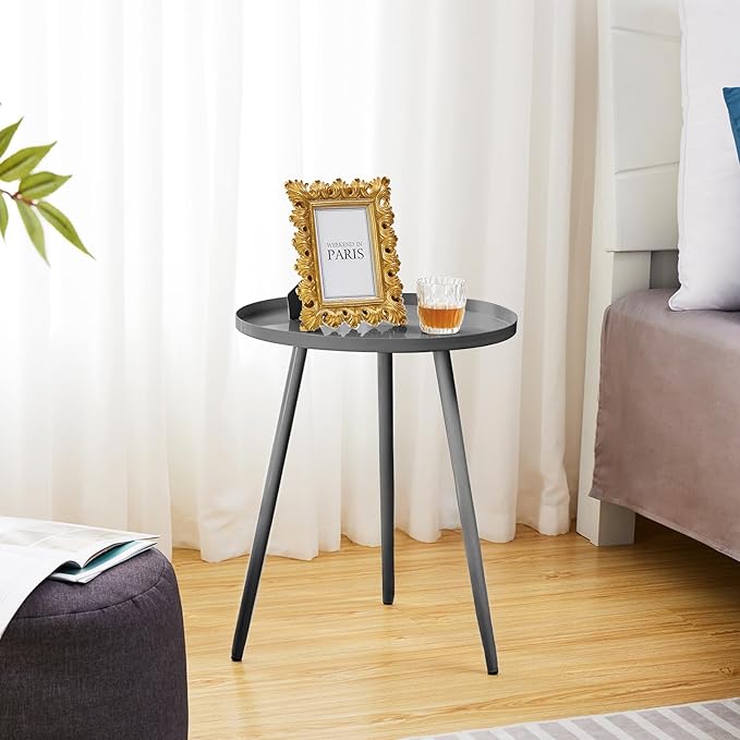 Apicizon 16" Round Side Table, Black End Table for Living Room, Bedside, Mid Century Modern Coffee or Circle Accent Table for Small Spaces, Metal Nightstand (Grey)