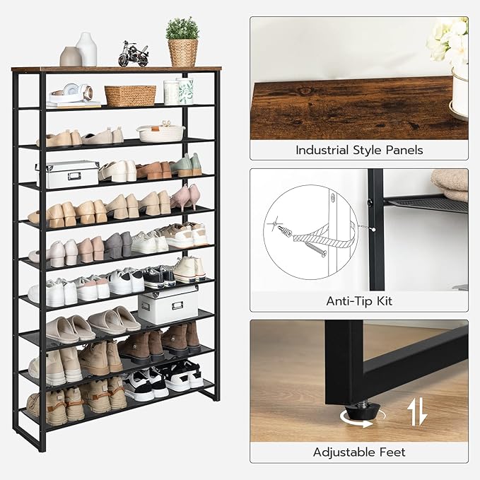 HOOBRO 10-Tier Shoe Rack, 39.4" L Shoe Storage Organizer, Large Capacity Shoe Shelf for Front Door Entrance, Entryway, Hallway, Holds 45-50 Pairs of Shoes, Closet, Rustic Brown BF171XJ01