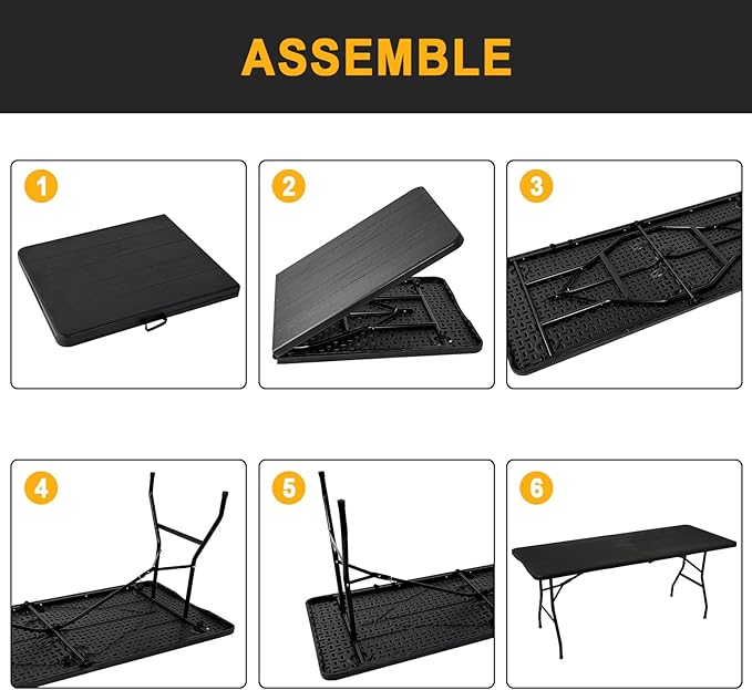 70.8" W X 29" D X 29" H - 6 ft Folding Table Black Wood Grain Portable Heavy Duty Plastic Fold-in-Half Utility Foldable Table for Camp，Picnic & Party