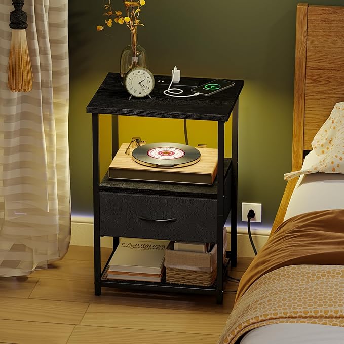 Fixwal Night Stand Set of 2 with Charging Station, LED Nightstand with Fabric Drawers, End Table with PU Finish, Bed Side Table, Black