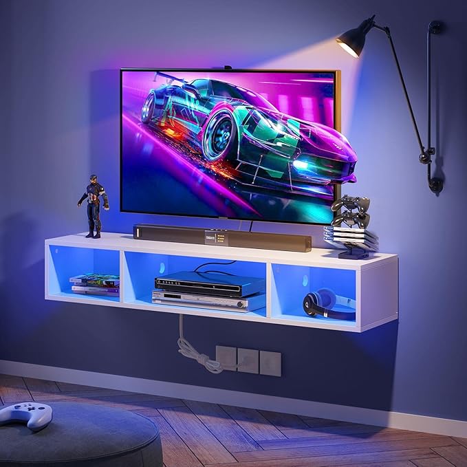 Rolanstar TV Stand with Power Outlet, Floating TV Stand with RGB Lights, 55.1" Wall Mounted TV Shelf, White Media Console with Storage Shelf, Entertainment Under TV for Living Room, Bedroom