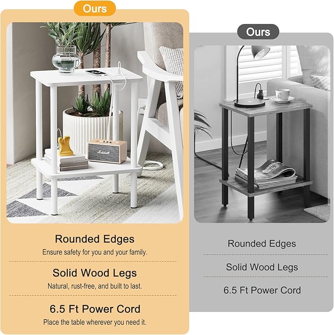 Apicizon 2 Tier End Table, Small Side Table with Charging Station, Boho Bedside Table with USB Ports and Outlets, Nightstand for Small Spaces, Bedroom, Living Room, Entryway, Easy Assembly, White
