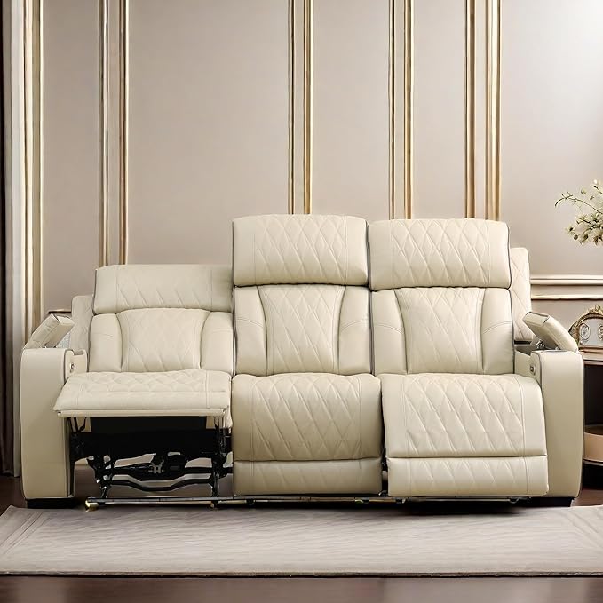 Leather Recliner Sofa Couch, 3-Seater Home Theater Seating Reclining Sofa, Power Reclining Couch with Cup Holders & Drop Down Table for Living Room Furniture Sets, Khaki