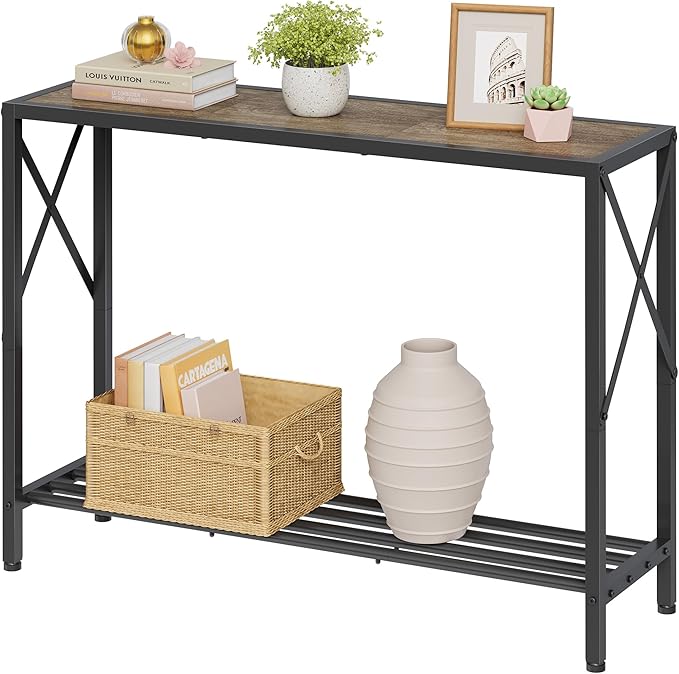 Tajsoon Console Table 41.8”, 2-Tier Industrial entryway Table, Narrow Sofa Table with Shelves, Entrance Table for Entryway, Hallway, Living Room, Foyer, Corridor, Office, Grey & Black