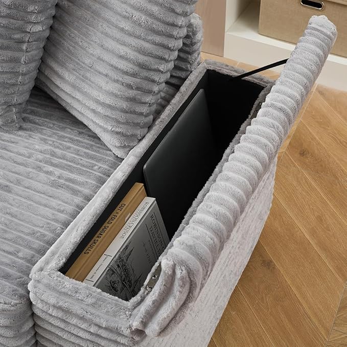 KEIKI 114" Corduroy Sofa with Cup Holders & Storage, L Shaped Sleeper Cloud Couch Set w/Reversible Chaise Lounge, Living Room Oversized Upholstered SofaBed for Apartment, Easy Assembly, Gray