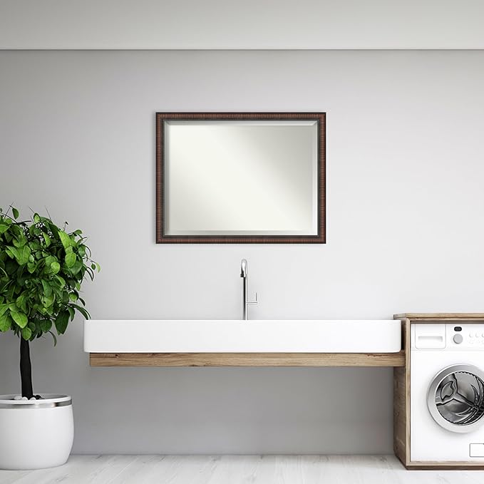 Amanti Art Brown Bathroom Mirror for Over Sink, 34x44 Caleb Brown Rectangle Vanity Mirror, X-Large Rustic Farmhouse Frame, Hangs Horizonally and Vertically, Bathroom Wall Decor, Beveled Edge