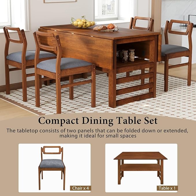 Drop Leaf Dining Table with Chairs Set of 4, 5-Piece Farmhouse Rectangular Dining Room Table with 4 Upholstered Solid Wood Chairs, Extendable Kitchen Tables for Small Place, Brown Rubber Wood
