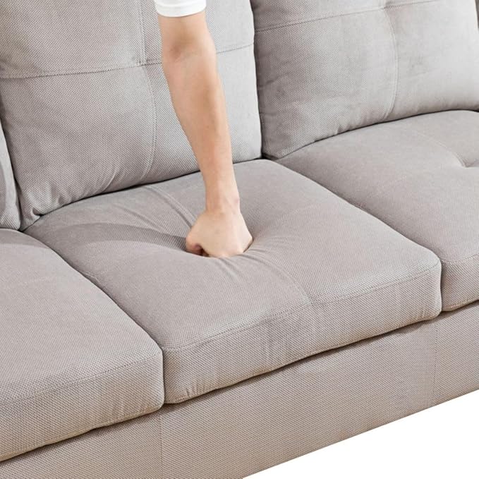 Grey White L-Shaped 3-Piece Corduroy Sofa with Storage Ottoman Set, Sectional Couch Sofa Set for Living Room, Office, Small Space