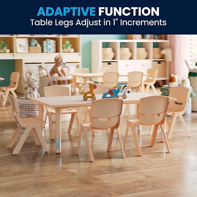 Flash Furniture Emmy Adjustable Classroom Activity Table with 6 Stackable Chairs, Plastic Activity Table for Kids, 23.625" W x 47.25" L, Natural