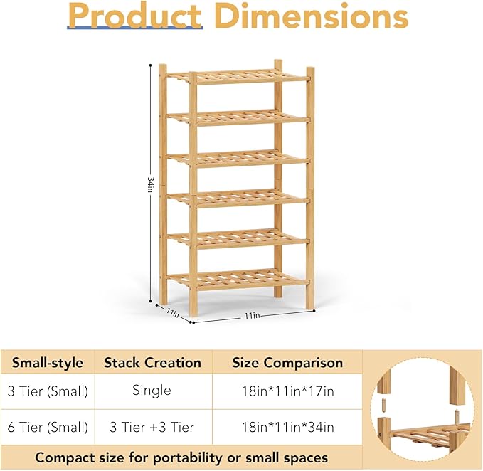 Haddockway small 6 Tier Bamboo Shoe Rack Storage Organizer,Multifunctional Free Standing Stackable Shoe Shelf with Grid Panel for Closet,Hallway,Entryway,Small Space 18"x11"x34"(Natural, 6-Tier Small)