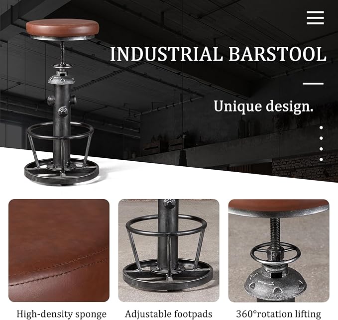 Topower Antique Industrial Round Bottom Adjustable Height Cafe Coffee Retro Vintage Stylish Water Pipe Design Pub Kitchen Bar Stool (Silver, PU Leather Top)