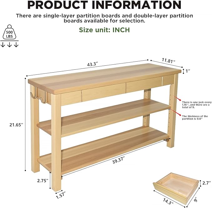 Wood Shoe Bench Entryway with Drawer: 2-Tiers Wooden Storage Shoe Rack with Bench Seat, Compact Mid-Century Modern Design for Entryway, Hallway,Closet,Front Door Entrance,Foyer Natural 43.3"