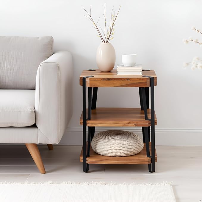 Ryegate 3-Tier End Table with Storage “ Live Edge Solid Acacia Wood Side Table with Industrial Metal Frame and 2 Open Lower Shelves for Living Room, Bedroom, Entryway by Alaterre Furniture
