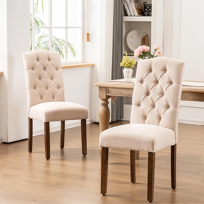 Tufted Upholstered Parsons Dining Chair Set Fabric Diner Accent Stylish Modern Kitchen Living Room with Button Sturdy Solid Wood Legs