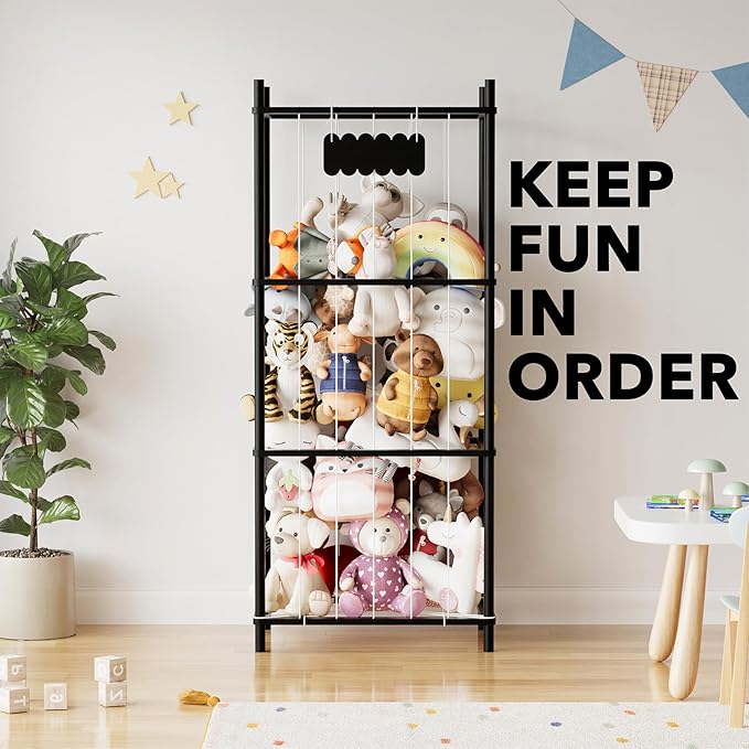 SpaceAid Stuffed Animal Storage Organizer, Wood Animals Zoo Toy Plushies Storage Holder, Large Capacity Plush Toy Cage for Playroom Organization, 22.8" Wide, Black