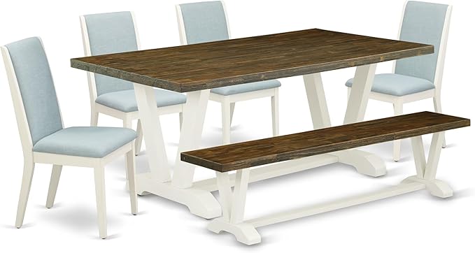 East West Furniture V077LA015-6 6 Piece Dining Table Set Contains a Rectangle Dining Room Table with V-Legs and 4 Baby Blue Linen Fabric Parson Chairs with a Bench, 40x72 Inch, Multi-Color