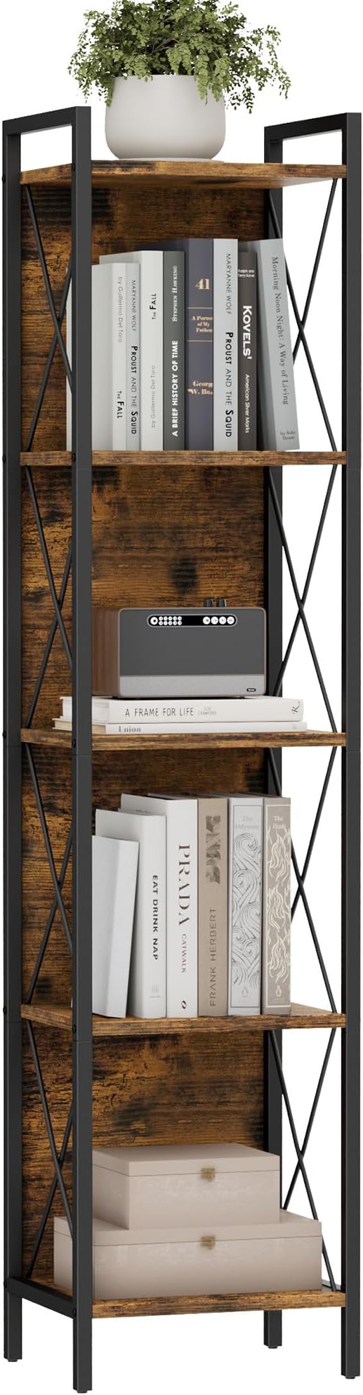 Homhedy 5 Tier Bookshelf Bookcase, Tall Narrow Bookshelf for Small Space, Metal Storage Shelves with Back Panel, for Home Office, Living Room, Kitchen, Bedroom, Industrial Style, Rustic Brown