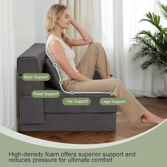 MeMoreCool Boneless Folding Sofa Bed, Corduroy Convertible Sleeper Chair, Foldable Foam Mattress Chair, Comfy Fold‑Out Futon Couch Bed, Large Floor Sofa Couch for Living‑Room Guest