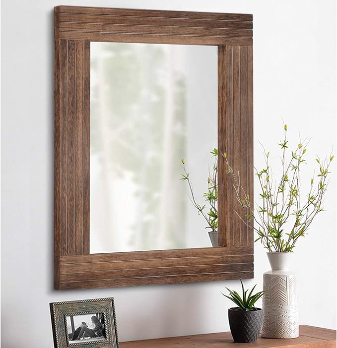 Rustic Mirror Wooden Rectangular Antique Wall Mirror Frame Decor Farmhouse Bedroom Dresser Bedroom Entryway Mirror Large Brown 26"x18"