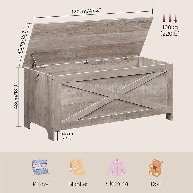 47.2" Toy Chest, Sturdy Entryway Storage Chest with Safety Hinges, Retro Toy Box, Wooden Look Accent Furniture for Living Room, Bedroom, Greige SCGY48801N1