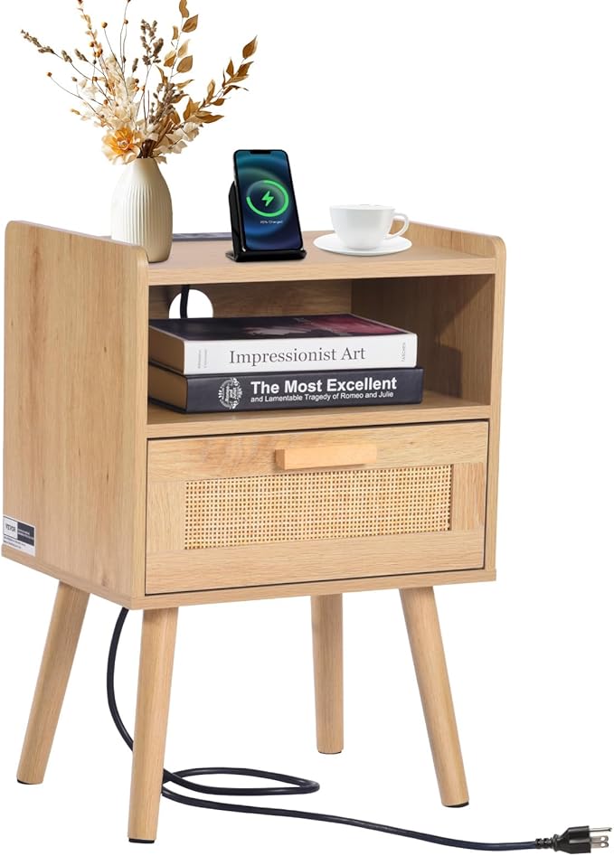 VEVOR Rattan Nightstand, Boho Bedside Table with Drawer Open Shelf, End Table Wooden Nightstand with Solid Wood Legs, Rattan Side Table with Charging Station, for Bedroom