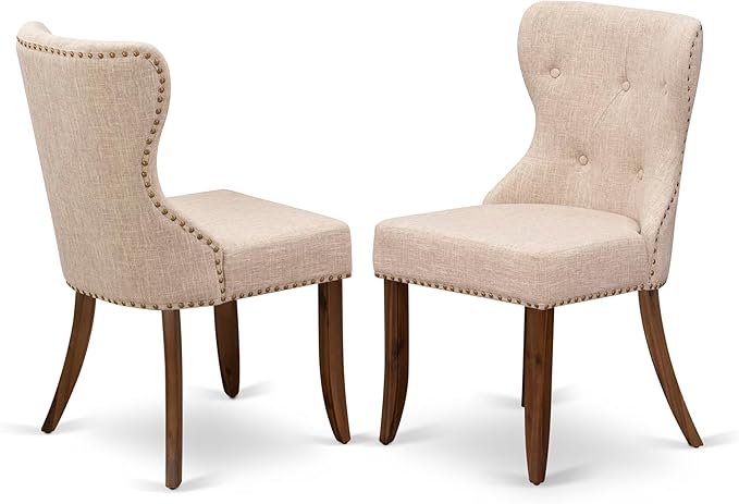 LESI9-AWA-04-9-pc Modern Dining Set Consists of a Dining Table and 8 Light Tan Linen Fabric Mid Century Dining Chairs with Button Tufted Back - Antique Walnut Finish