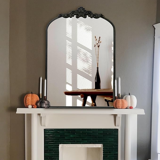 WAMIRRO Arched Mirror,Black Traditional Vintage Ornate Baroque Mirrors,Antique Brass Mirrors for Entryway/Fireplace/Living Room/Hallway/Bathroom.24“X36“ Black