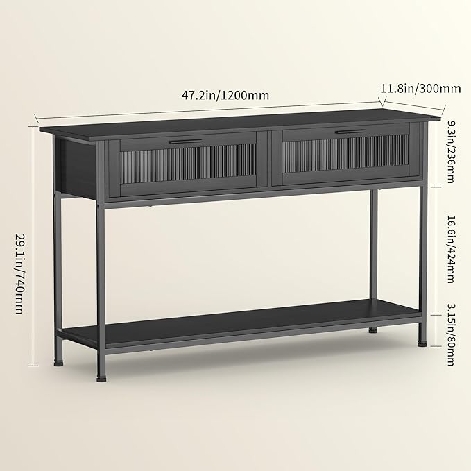 Aetheris 47" Console Table with 2 Drawers, 2 Tier Sofa Table with Storage,Entryway Table, Industrial Console Table for Entryway, Sofa Table Behind Couch for Living Room, Black