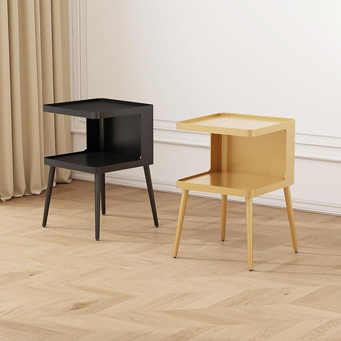 Gold Nightstand with Storage, 2 Tier Small End Tables Bedroom, Modern Side Tables Living Room with 4 Legs, Square Accent Table for Small Spaces Indoor Outdoor, Easy Assembly