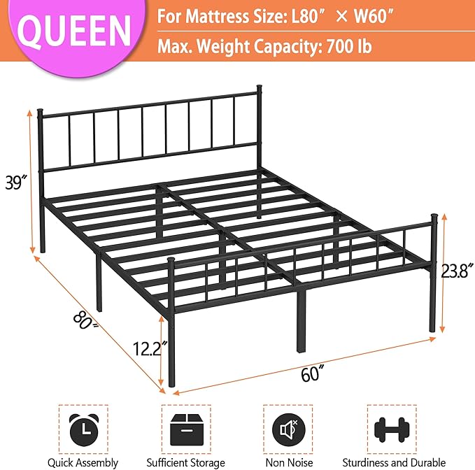 Queen Bed Frame-Classic Metal Platform Bed Frame,Mattress Foundation with Steel Slat Support,Under Foundation Storage,No Box Spring Needed, Easy Assembly, Queen Size
