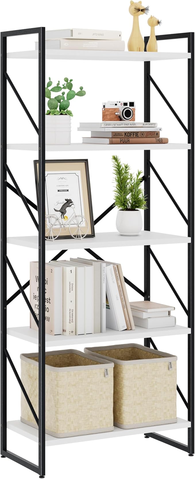 Bookshelf, 5 Tier Bookshelves, Home Office Bookcase Shelf Storage Organizer, Free Standing Storage Shelving Unit for Bedroom, Living Room and Home Office,White