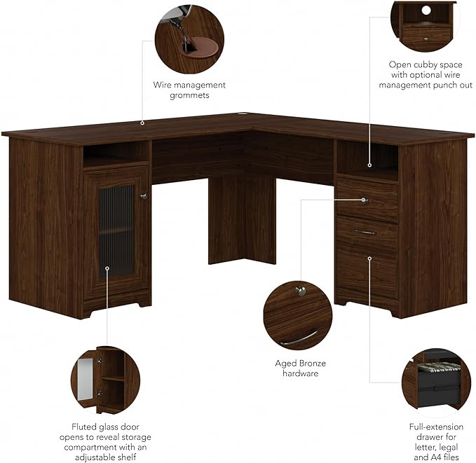 Bush Furniture Cabot L Shaped Computer Desk in Modern Walnut | Corner Table with Drawers for Home Office