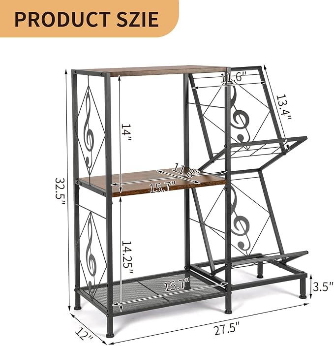 Record Player Stand with Vinyl Record Storage, Turntable Stand with 2-Tier Vinyl Display Shelf & Metal Frame, Record Holder for Living Room, Rustic Brown
