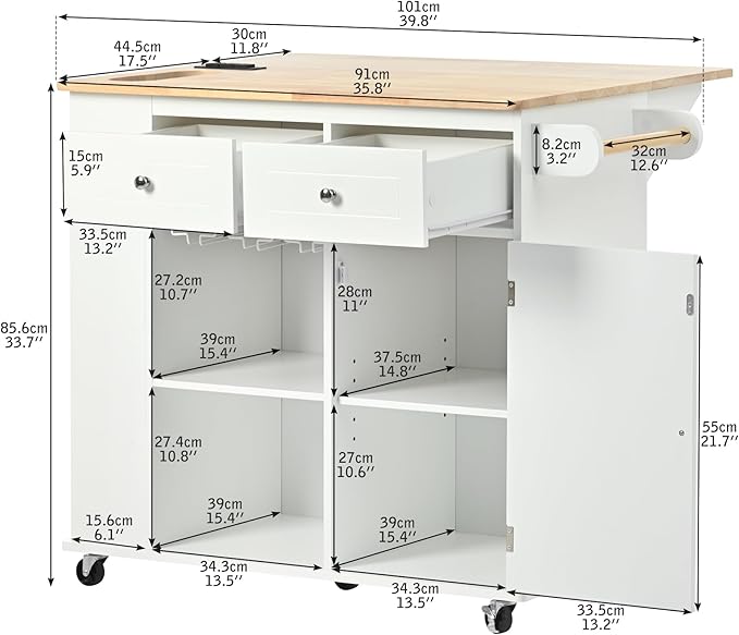 Merax Rubber Wood Kitchen Island with Adjustable Storage, Rolling Kitchen Storage Cart with Drop Leaf, Open Storage, Wine Rack, 5 Wheels for Home, Kitchen, Dining Room, White