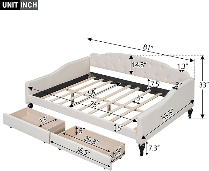 Full Size Upholstered Tufted Daybed with Two Storage Drawers,Linen Sofa Bed,Easy Assemble & No Box Spring Needed,Perfect for Small Space,Bedroom,Livingroom,Guest Room, Beige