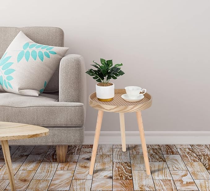 Small Side Table, Rattan Nightstand, Round End Boho Bedside Accent Mid-Century Modern Bed Tables for Living Room Bedroom Office Balcony(Natural Walnut)