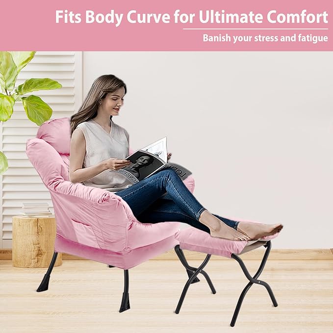 Lazy Chair with Folding Ottoman, Accent Chair Velvet Upholstered with Metal Structure and Non-Slip Pads, Sofa Armchair with Footrest and Side Storage Bag for Dorm, Room, Office, Pink