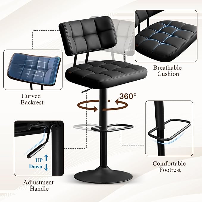 Furniliving Modern Bar Stools Set of 2 Faux Leather, Upholstered Swivel Barstools with Back, Adjustable Bar Chairs Counter Height for Kitchen Island, Dining Space, Black