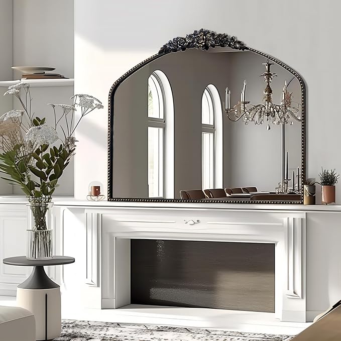 Black Brushed Gold Antique Mirror, 40"x31", Traditional Vintage Mirror with Ornate Metal Frame, Baroque Style for Fireplace, Entryway, Bathroom, Living Room, Hallway