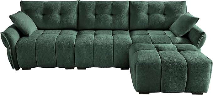 Modern Chenille Fabric 3-Seat Sofa w/Ottoman+2 Pillows, Premium Upholstery Living Room Couch with Tufted Backrest & Comfortable Armrests and High-Resilience Memory Foam Cushions,Green