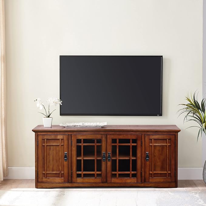 Leick Home 82360 Solid Wood Mission Oak Four Door TV Stand For 65" TVs Universal TV Console Living Room Storage Shelves Entertainment Center, Mission Oak