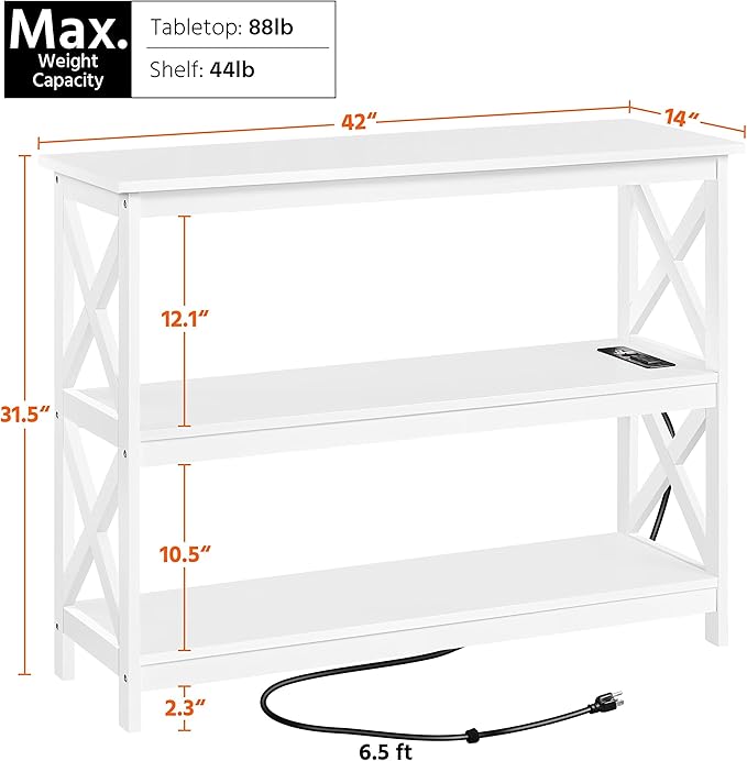 Yaheetech Entryway Table with Storage Shelves, Console Table with Power Outlets and USB Ports, Wood Narrow Sofa Tables with X-Shaped Design for Living Room/Hallway/Couch, White