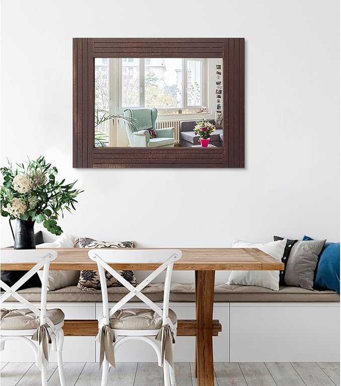 Wood Wall Mirror Rectangular Framed Rustic Vintage Mirrors Decor Farmhouse Bedroom Bathroom Mirror for Dressing Table Entrance Large 26"x18" Brown