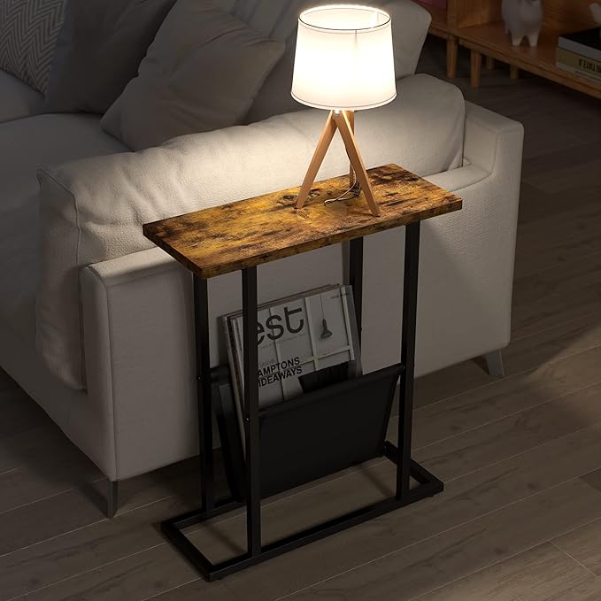 Yusong Small Narrow Side Table for Small Spaces, 17.7" W Slim End Table Magazine Table Nightstand with Storage Holder, Accent Skinny Snack Couch Bedside Table, Rustic Brown, Complete Iron Pipes