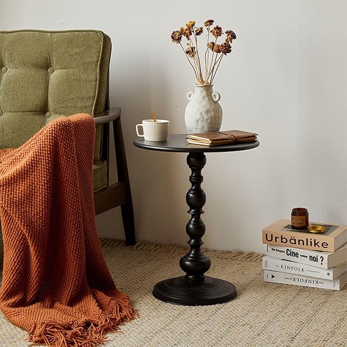 Chic Vintage Round Side Table with Elegant Roman Columns - Sturdy Metal Construction, Perfect for Coffee, End, Tea, or Leisure Use in Living Room or Bedroom Decor (Black Small 1 Pack)