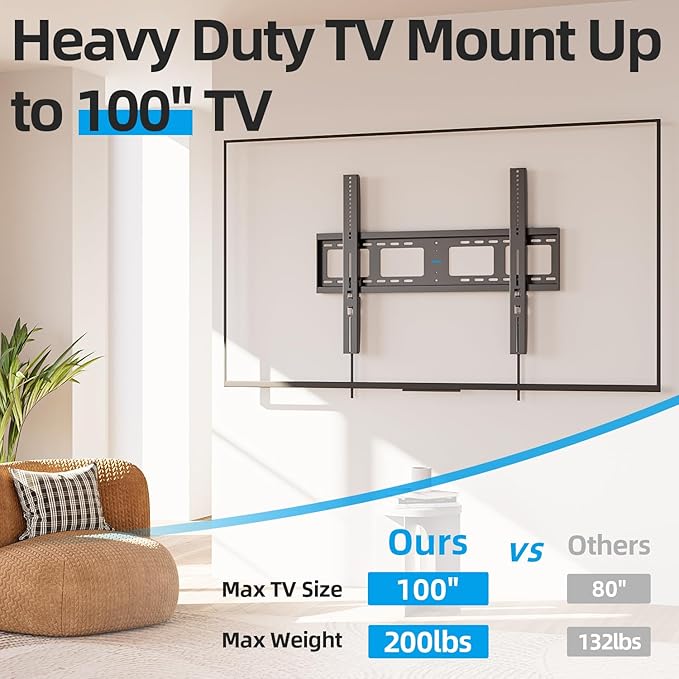 Heavy Duty TV Wall Mount for 55-100 inch Large TVs up to 200 LBS & 800x600 mm Vesa, Ultra Slim Fixed TV Mount, Low-Profile TVS Bracket, 16" 24" 32" Wood Stud, Fit Most 65+ 75+ 85 86 90 98 100 TVs