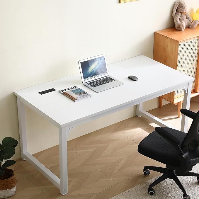 Large Computer Desk - 63 Inch Home Office Desks Study Student Writing Table Gaming Desk Wood Modern Simple Table with USB Ports, White
