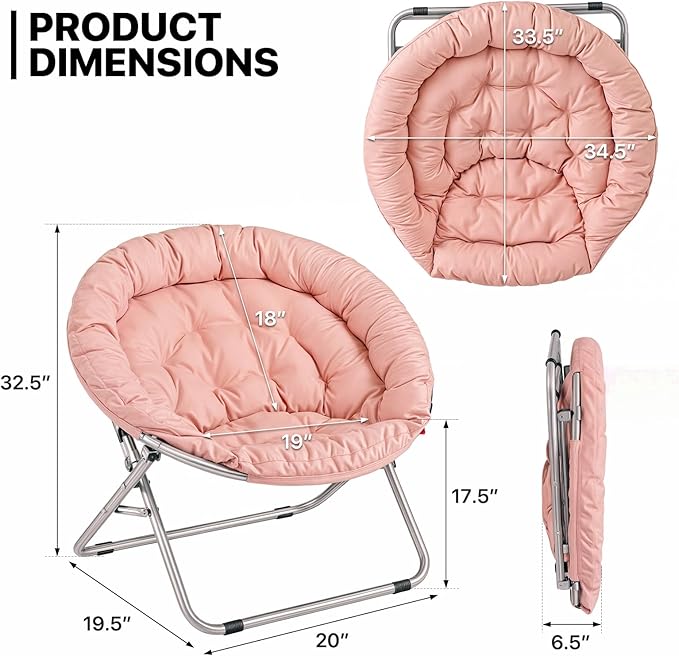 MoNiBloom Round Folding Saucer Chairs Set of 2 for Bedroom Living Room Dorm Foldable Metal Frame Comfy Soft Lounge Lazy Cozy Moon Chairs for Teens (Pink)